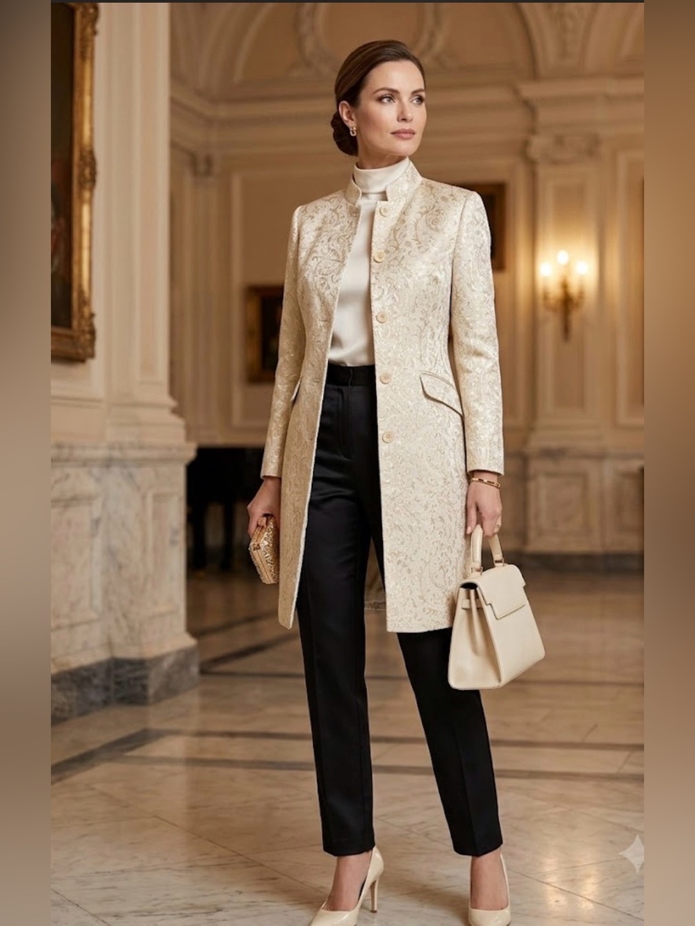 Tommy Hilfiger Cream Brocade Long Blazer Coat